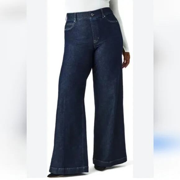 Spanx High Rise Pull On Wide Leg Jeans in Raw Indigo Blue Large - Picture 1 of 10